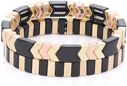 Tile Enamel Bracelet Set Tila Chevron Arrow Rectangle Elastic Stretchy Beaded Bracelet Colorblock Stackable Bracelet For Woman Gift (A)
