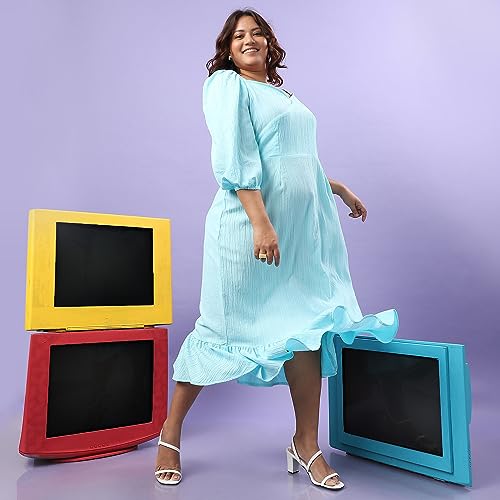 Image of Instafab Plus Women's Sky Blue Ruffle Hem Dress for Casual Wear | Quarter Sleeve | Polyester Fabric | Sweetheart Dress Crafted with Comfort Fit for Everyday Wear (3XL)