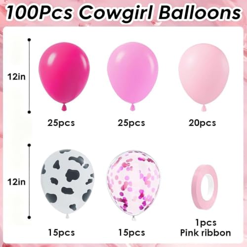 Image of 100Pcs Cowgirl Balloons, Hot Pink Light Pink Confetti Cow Print Balloons | 12 Inch Pink Cow Print Latex Balloon for Western Rodeo Farm Birthday Party Baby Shower Gender Reveal Party Decorations