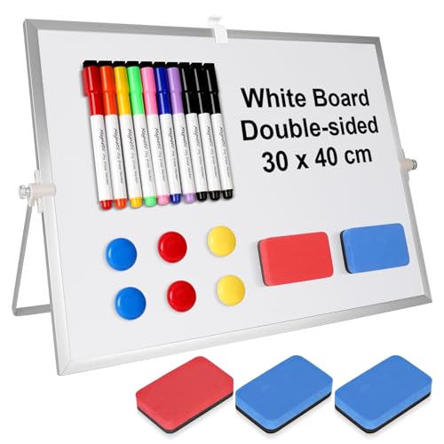 Pizarra Blanca Magnética, 30 x 40 cm Pizarra Rotulador Borrable con Soporte, con 10 Whiteboard Bolígrafo + 6 Imanes + 5 Borrador de Pizarra Blanca, para Escuelas, Familias, Oficinas