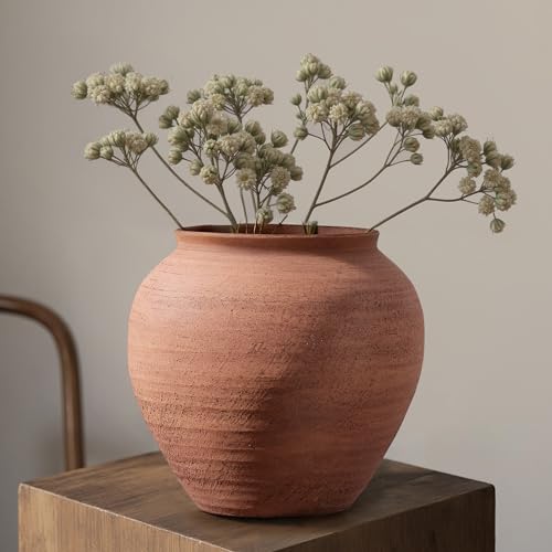Rustic Terracotta Ceramic Vase 6.7 Wabi-Sabi Clay Flower Vase Handmade Pottery Vase for Dried Flowers Boho Farmhouse Table Centerpiece for Entryway Shelf Nightstand Decor