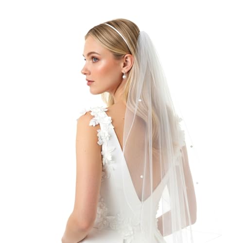 KFHENSOMR White Short Wedding Veil Pearl Bride Wedding Veils Women's Short Bridal Veils with Comb Beads Bachelorette Party First Communion Veil for Brides Women