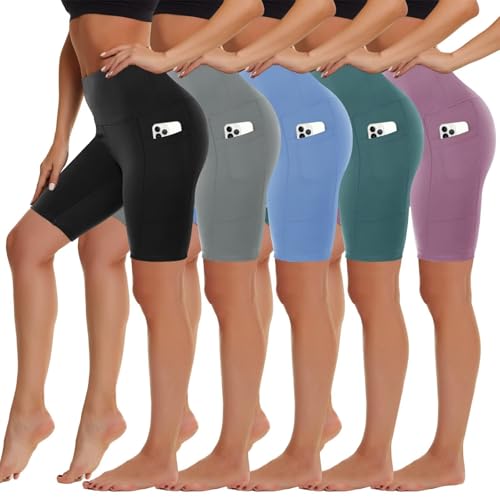 5 Pack Biker Shorts with Pockets for Women - 8' High Waist Spandex Workout Yoga Running Athletic (Black/Light Grey/Blue/Ins Green/Pink-Pockets,Plus)