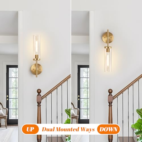 Image of [Hardwired] Wall Sconces Set of Two, Brushed Gold Bathroom Sconces with Clear Glass, Modern Wall Light Fixtures for Bathroom Mirror Vanity, Living Room, Bedroom, Hallway, Stairway, Cabinet, Foyer