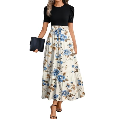 Flowy Maternity Dress Summer Maxi Dress Formal Smocked Short Sleeve Floral Wrap for Women Fashion Tea Party with Belt Dark Gray L