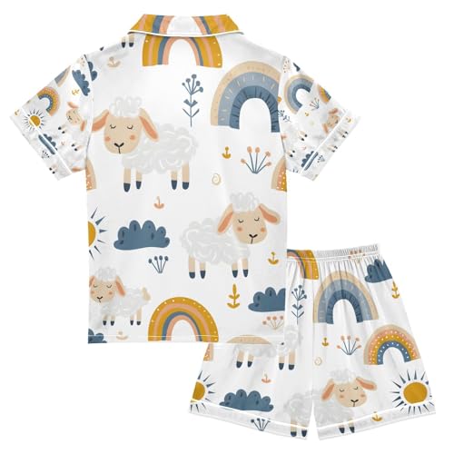 senya Cute Sheep on Rainbow Satin Summer Pajama Sets Silk Short Sleeve Button Down Sleepwear2