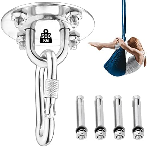 Stainless Steel Eye Plate with Snap Hook Carabiner and Screws Accessories, Heavy Duty Suspension Ceiling Hooks for Hanging Yoga Swing Hammock Boxing Punch Bag, Gym Wall Ring Hook Capacity up to 500KG