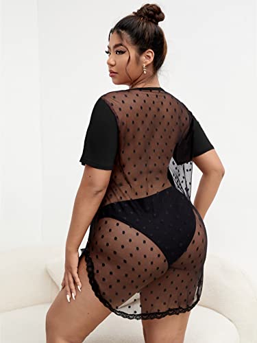 Soly Hux Women's Plus Size Sheer Mesh Lace Trim V Neck Short Sleeve Sleep Shirt Nightgown Sleepwear Black 3Xl #TOP1