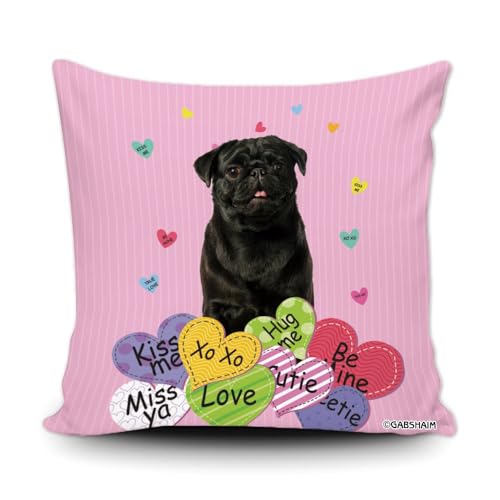 GABSHAIM Black Pug Dog Pink Hearts Pillow Cover Valentines Day Anniversary Wedding Cushion Case Pillowcase 20X20 Inch Canvas Double Side