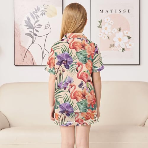 ALAZA Floral Flamingo Palm Leaves Satin Pajamas Set Short Sleeve Button Down Sleepwear Summer Pjs 2 Piece4