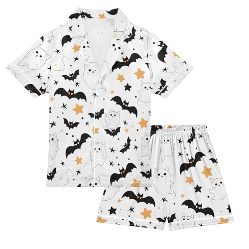 Cute Halloween Ghost Cat Bats Pajamas Set Soft Satin Pjs Sets 2 Piece Short Sleeve Sleepwear Casual Loungewear