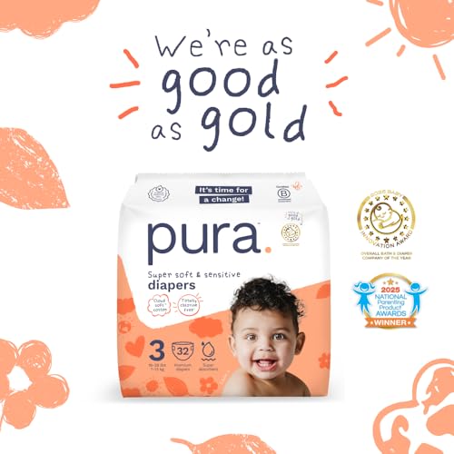 Image of Pura Baby Diapers Size 3-64 Count, 16-28lbs, 12hr Leak Protection, Soft & Gentle Diapers for Hypoallergenic & Sensitive Baby Skin, Toxin-Free*, Organic Cotton, Blowout Blocker, New Size Guide