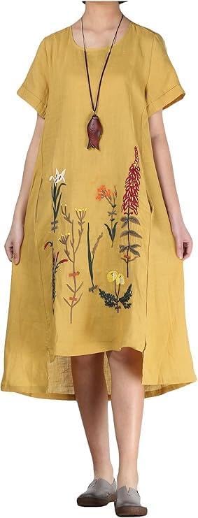 Minibee Women's Embroidered Linen Dress Summer A-Line Sundress Hi Low Tunic Clothing - Image 2