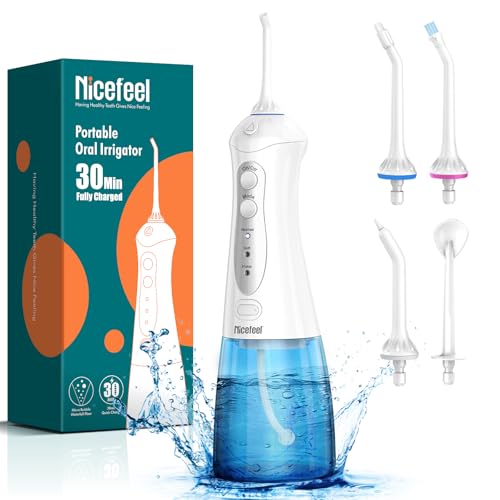 Nicefeel Water Dental Flosser Teeth Pick - Fast Charge Cordless Teeth Cleaner, 3 Modes Portable Oral Irrigator, IPX7 Waterproof Electric Water Dental Flosser for Tonsil Stone, 300ML Tank(Blue White)