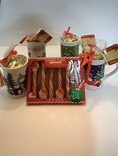 WAM Tazas de gres navideñas (decoración de tazas varias), cucharas de bastón de caramelo de menta, cajas de 6 unidades (paquete con chocolate con leche Miss S con mezcla de cacao de malvaviscos)