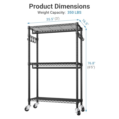 VIPEK R2 Clothes Rack Heavy Duty Clothing Rack for Hanging Clothes, Rolling Garment Rack Adjustable Closet Racks with Double Rods & Hooks, Freestanding Wardrobe Closet Coat Storage Racks, Black
