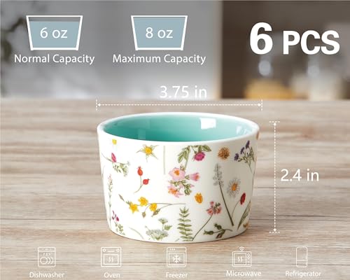 ONEMORE 6 oz Ramekins Oven Safe, Floral Ceramic Ramekin Set of 6 Mint Green Ramekins for Baking & Serving, Creme Brulee Dishes, Custard Pudding Souffle Cups, Small Dessert Bowls for Oven, Air Fryer - Thumbnail 3