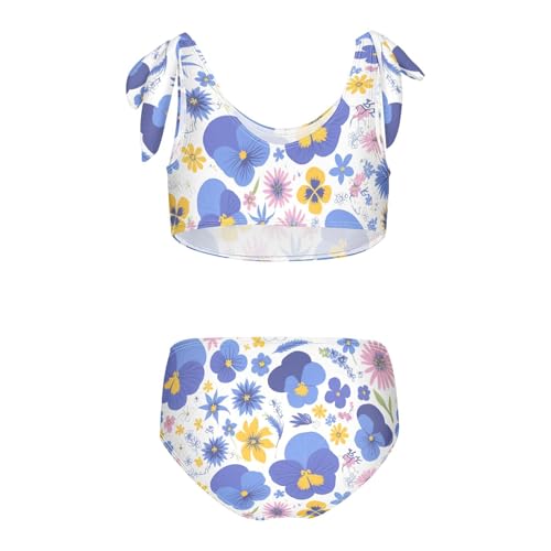 KLL Garden Tricolor Pansy Flower Girls Two Piece Bikini Sets Scoop Neck Beach Swimsuit Bathing Suit2