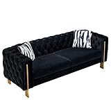 Dolonm Modern Velvet Sofa for Living Room, 84 Inches Long Tufted Couch Upholstered Sofa with 2 Pillows High Arm and Metal Legs Decor Furniture for Bedroom, Office (Black)