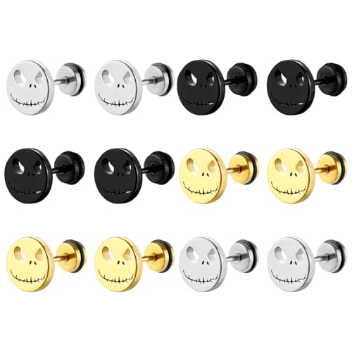 MLPKOI 6 Pares Pendientes de Acero Inoxidable para Hombres y Mujeres, Pequeño Minúsculo Monstruo Redondo Pendient Rock Punk Hippy Halloween Pendientes Regalo