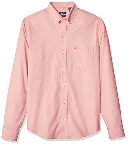 IZOD Men's Slim Fit Button Down Long Sleeve Stretch Performance Solid Shirt, Saltwater Red, Large