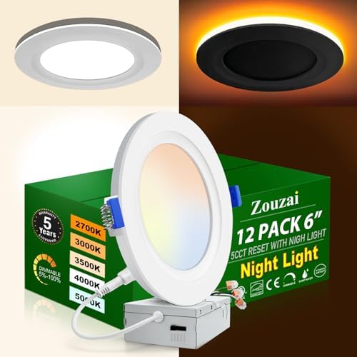 zouzai 12 Pack 6 Inch 5CCT LED Recessed Ceiling Light with Night Light, 2700K/3000K/3500K/4000K/5000K Selectable Ultra-Thin Lighting, 12W=110W, 1080LM, Dimmable Canless Wafer Downlight - ETL (6 inch)