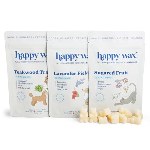 Happy Wax Pet Scents Collection: Pet Safe Odor Eliminating Non-Toxic Scented Soy Wax Melts Total 6oz Variety Pack: Teakwood Trails Lavender Fields and Sugared Fruit