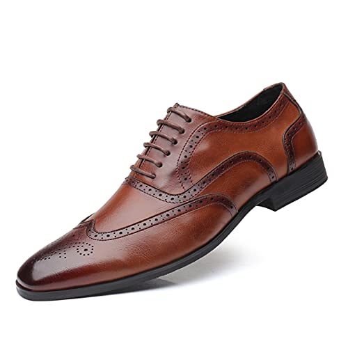 Dress Oxford for Men Lace Up Brogue Embossed Wing tip Burnished Toe PU Leather Rubber Sole Resistant Non Slip Block Heel Business(Brown,10 M US)