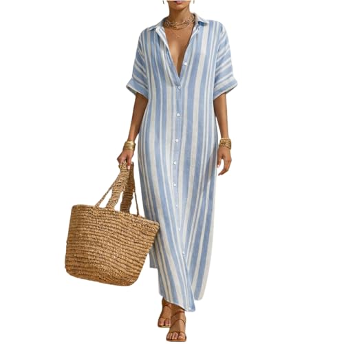 Robe décontractée à rayures élégantes pour femmes en lin britannique, robe chemise boutonnée pour dames, robe maxi longue fluide pour la plage, vêtement...