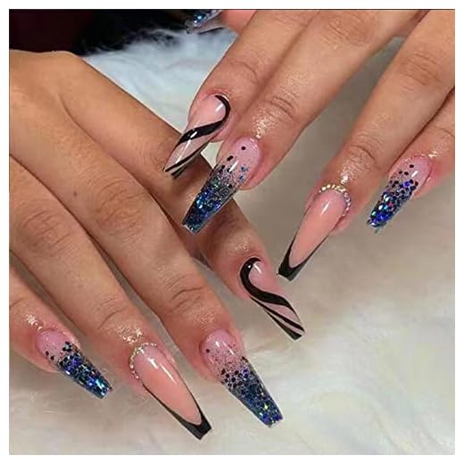 Morily Coffin Press on Nails Long French False Nails 24Pcs Ombre Blue Glitter Fake Nails with Rhinestons Design Acrylic Black Abstract Swirl Ballerina Stick on Nails Full Cover Finger Nails for Women