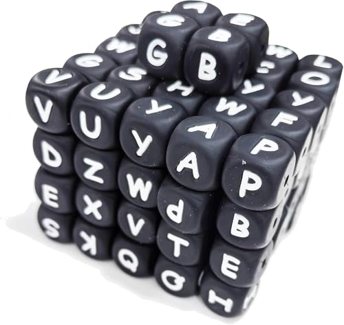 105Pcs Silicone Letter Beads BetterJonny 12mm A-Z Alphabet Bead Black Square Letter Bead with String Silicone Loose Beads for Jewelry Necklace Bracelet DIY Crafts