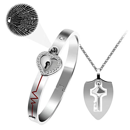 100 Languages I Love You Heartbeat Heart Bangle Bracelet & Shield Key Pendant Necklace for Lovers Boyfriend and Girlfriend Y953 (Steel Color)