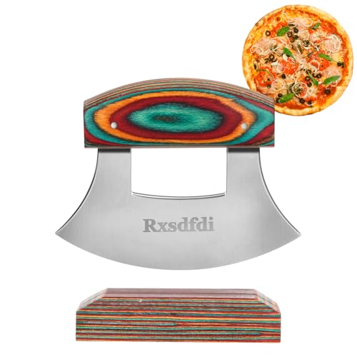Pizza Cutter Rocker Knife, Sharp Ulu Knife with Wooden handle, Stainless Steel Blade Mincing Knives with Colored Wood Stand - image 1