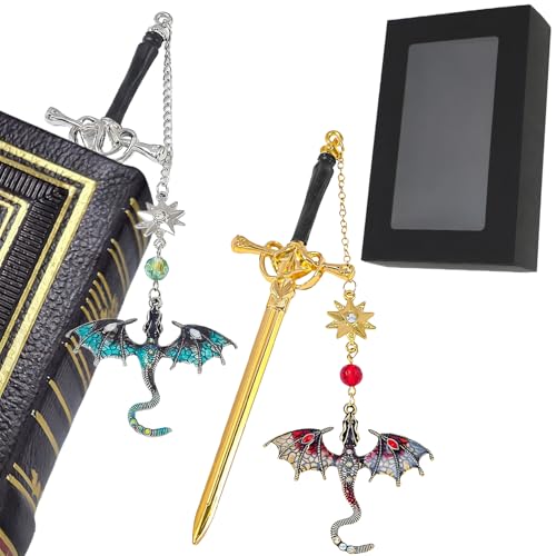 TIHNY Set di 2 Segnalibri a Forma di Spada di Drago, Blu/Rosso, Nappa Vintage, Segnalibro Fantasy Gotico per Adulti, Idea Regalo per Appassionati di Libri Fantasy