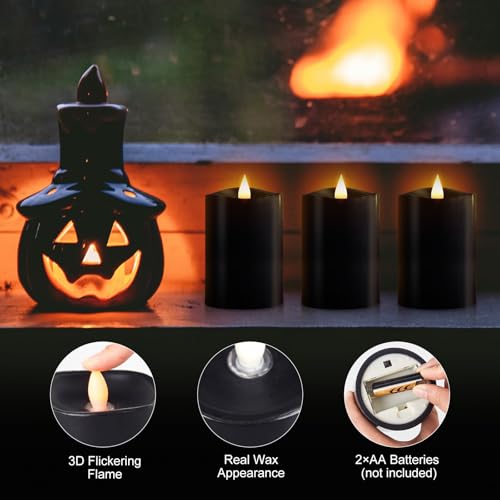 Image of 3x4 Flickering Flameless Candles Set of 3,Real Wax Pillar led Candles Flickering,with Timer,4 inch Flameless Candles with Remote,for Holiday Home Decor Party,Black