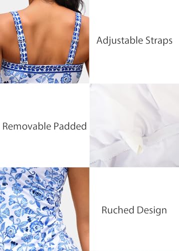 Image of ROSEWE Womens Tummy Control Tankini Bathing Suits, Two Piece Ruched Swimsuits, Floral Print Swimdress with Skirt