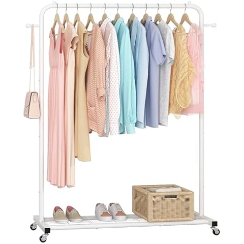 Sywhitta Clothes Rack on wheels, Clothing Rack with Bottom Mesh Storage Shelf,Sturdy Metal Frame,Rolling Garment Rack for Hanging Clothes,Coats,Skirts,39.76" L x 16" W x 64.56" H,White Cover