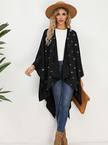 Image of Womens Rhinestones Open Front Poncho Shawl Wrap Cape Ruana Travel Blanket Cardigan