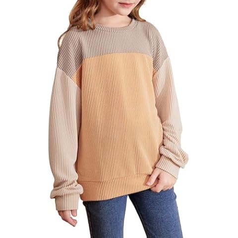 blibean Teen Girls Fall Shirts Big Kid Puff Long Sleeve Striped Color Block Tops Little Girl Spring Tee Shirt Casual Crewneck Tunic Blouse Clothes Size 14 15 16 Year Old Khaki Cover