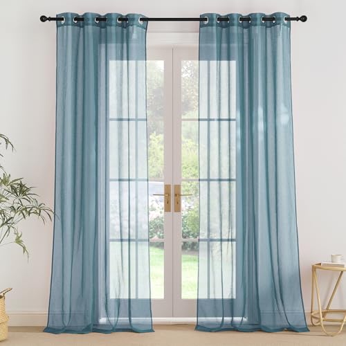 PONY DANCE Rideaux Voilage Salon - Voilage Bleu Brume Décoration Maison Chambre Fenêtre Intérieur Moderne Transparent à Oeillets, Largeur 140 x Hauteur...