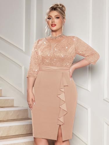 Image of MISSMAY Plus Size Lace Ruffle Cocktail Party Dress | Sequined Dress,V Neck,Ruffle Split Hem,Party Dress,Sparkle,Curvy Women,Bodycon Dress