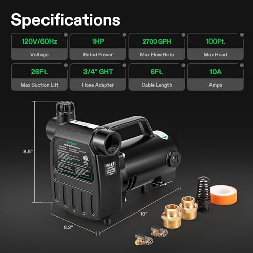 Image of VIVOSUN 1HP Water Transfer Pump, 2700GPH Cast Iron Casing Water Transfer Utility Pump with ON /OFF Switch, Hose Adapters, Brass Connectors and Suction Strainer for Pools, Ponds, Aquariums, Black