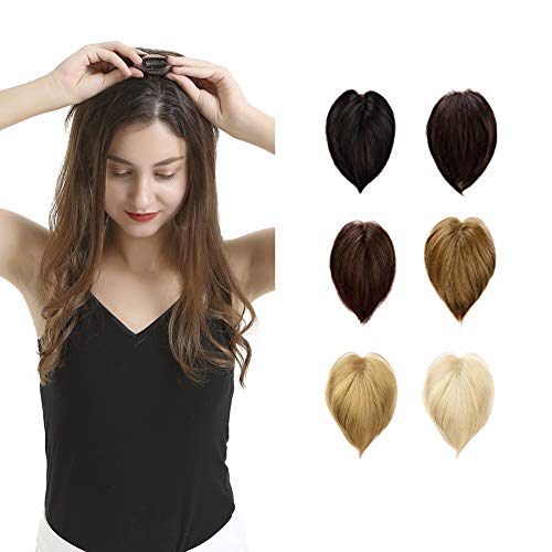 BARSDAR 8 Inches Human Hair Toppers for Women Silk Base Clip in Top Hairpiece Replacement Straight Toupee (2# Darkest Brown))