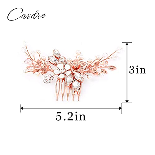 Casdre Flower Bride Wedding Hair Comb Rose Gold Crystal Bridal Side Comb Pearl Hair Piece Wedding Hair Accessories for Women and Girls
