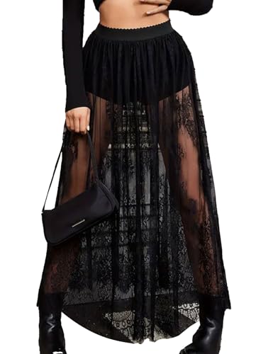 AIRRUMVE Women's Sheer Lace Maxi Skirt High Waist Sheer Mesh A Line Flowy Long Skirt