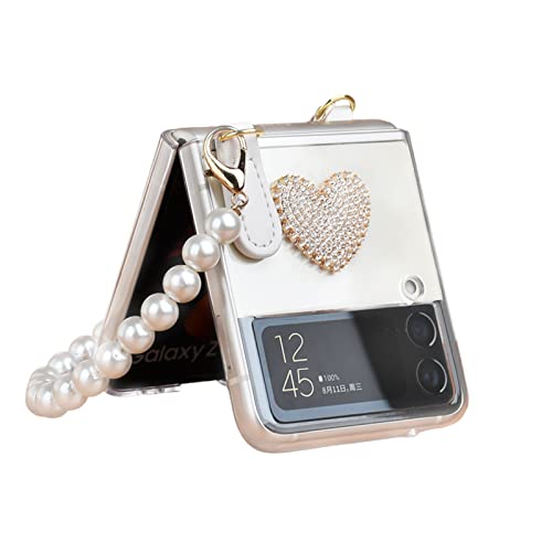 for Galaxy Z Flip 4 Case - Cute Flip Phone Cases with Pearl Strap Love Heart Clear Case for Samsung Z Flip 4 Case 5G Shockproof Protective Cover