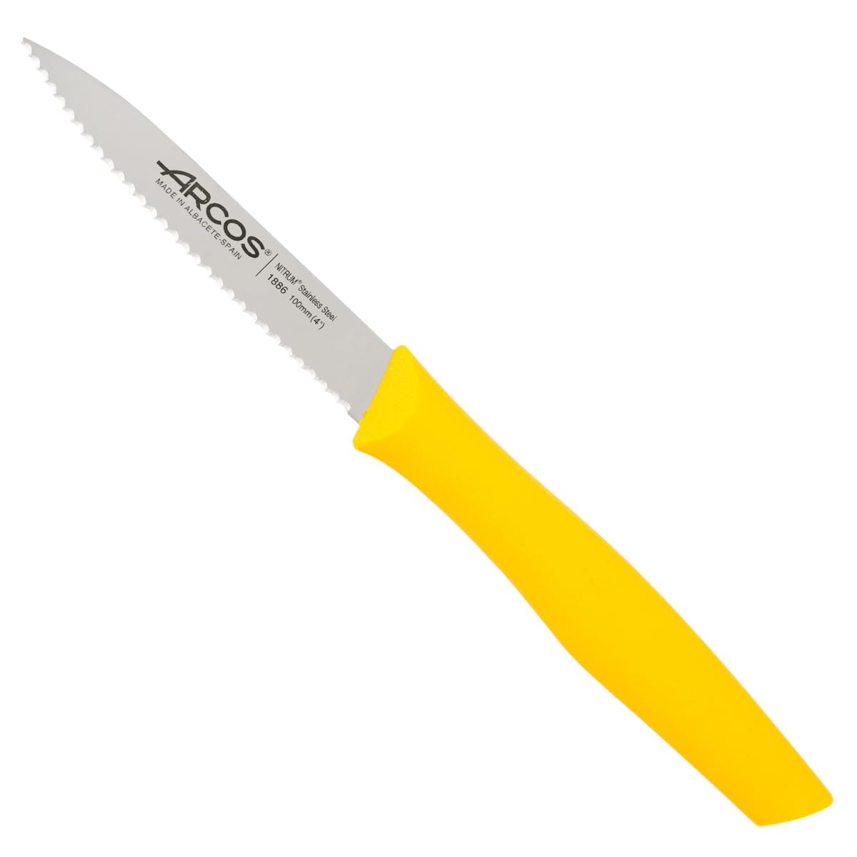 Arcos Serie Nova - Cuchillo Mondador - Hoja Serrada de Acero Inoxidable de 100 mm - Mango de Polipropileno Color amarillo