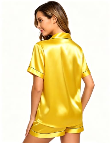 Image of SWOMOG Womens Silk Satin Pajamas Set Short Sleeve Sleepwear Button Down Top and Shorts Loungewear 2 Piece Pjs Set XS-3XL