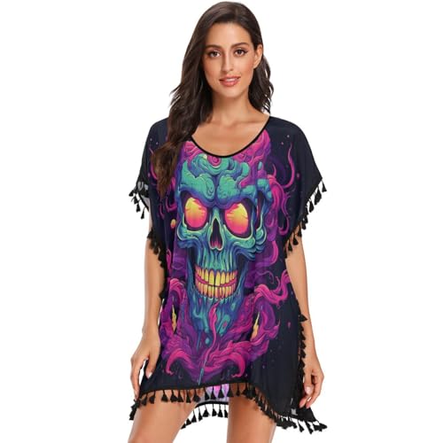KAAVIYO Cool Fire Abstract Skull Women's Beach Cover Up Chiffon Tassel Swimwear Swimsuit Coverups for Girl