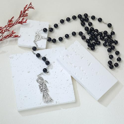 SANDOO Santa Muerte Necklace with Rosary Beads,Protection Good Luck Healing Santa Muerte Pendant with Sickle,Religious Jewelry Amulet for Women Girls Men Her Him3